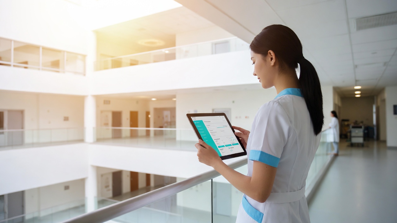 Nurse using healthcare system in hospital